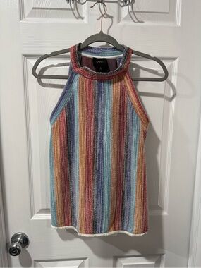 W5 Multicolor Vertical Stripe Halter Tank Top - Blue, Red, Yellow, Tan